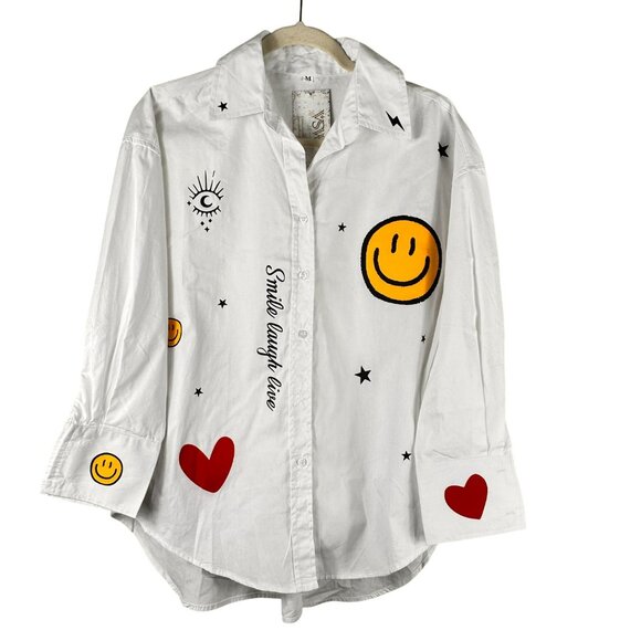 Womens White Button-Up Shirt With Graphic Prints & Text - Picture 1 of 13